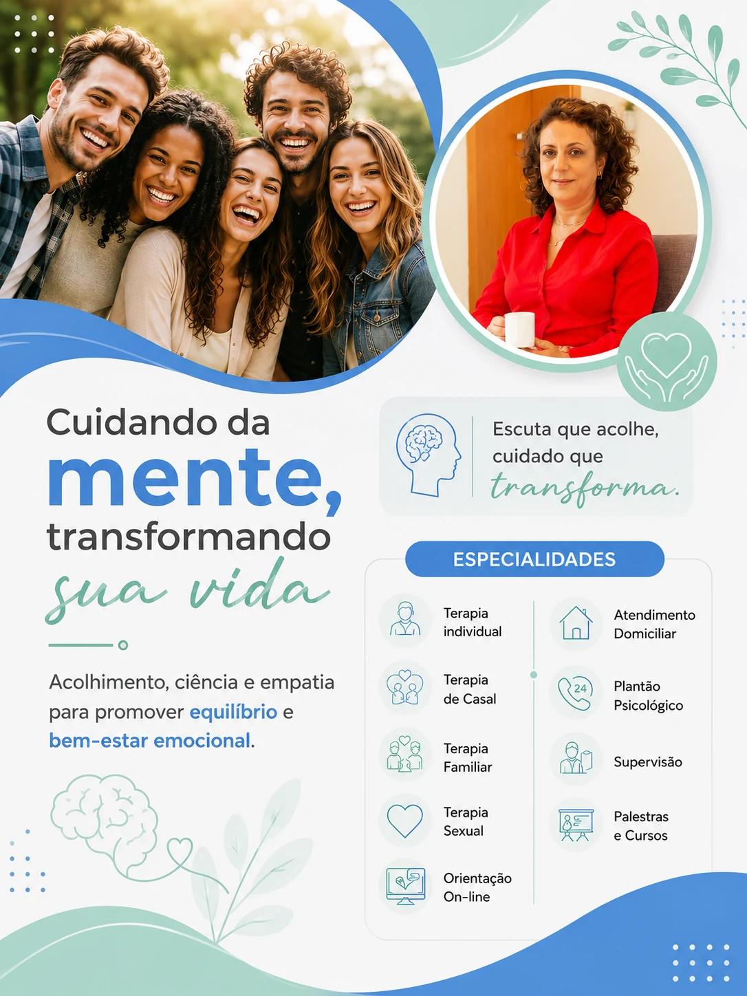 Sheila Medeiros, psicóloga em Tatuapé - São Paulo, ao lado de um grupo de pessoas sorrindo, com o texto 'Cuidando da mente, transformando sua vida'
